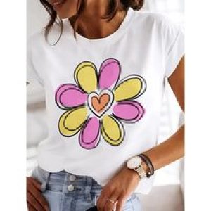 Women’s Loose Crew Neck T-shirt with Yellow and Pink Small Daisy Print,a Fashionable Style for Besties’ Afternoon Tea