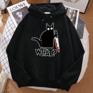 Black Cat What Print Hooded Men Women Plus Size Classic Simple Hoodies Aesthetic Trendy Pullover Unisex Comfortable Sweatshirt
