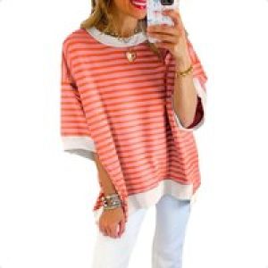 SHEWIN Womens Tops Casual Short Sleeve Sweatshirt Striped Shirt Crewneck Pullover T Shirts Loose Blouses