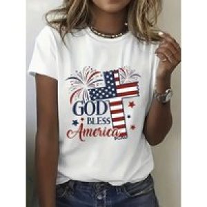 1pc, Women’s Lightweight 100% Cotton T-Shirt with Patriotic Cross Print – “God Bless America” Design, Short Sleeve