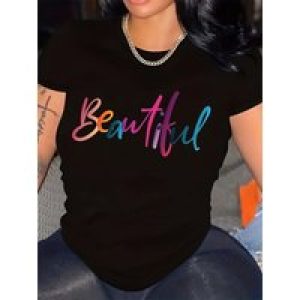Vibrant Letter Print Short Sleeve Crew Neck T-Shirt- Women’S Casual Summer& Spring Top- Relaxed Fit, Soft Fabric