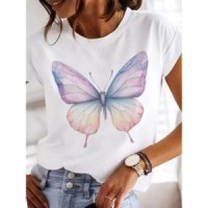 Loose Crew Neck White Women’s T-shirt with Butterfly Print,Versatile for Commuting and School