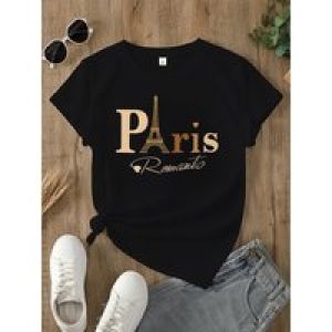 Women’S Casual Short Sleeve Crew Neck Polyester Letter Print T-shirt, Regular Fit, Pullovers Placket, for Spring