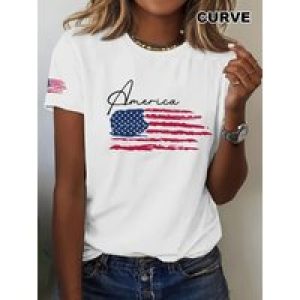 Plus Size, Women’s Patriotic American Flag Print T-Shirt – Lightweight Breathable Crew Neck Short Sleeve Top for Spring & Summer