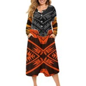 Clothing Women High Quality Polynesian Marquesan Cross Dress Loose Plus Size Ladies V Neck Button Dress Printed On Demand