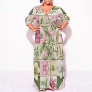 Plus Size Long Sleeve Floral Patchwork Maxi Dress V-Neck Elegant Artistic Design