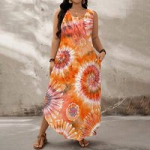 Plus Size Sleeveless Maxi Dress Orange Tie Dye Swirl Print Summer Casual Holiday Loose Long Dress