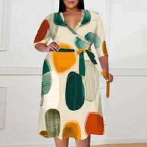 Plus Size V-Neck Wrap Midi Dress Abstract Dot Print Artistic Style Half Sleeve Summer Look