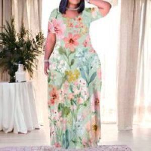 Plus Size Pastel Floral Maxi Dress Watercolor Print Casual Short Sleeve Boho Style
