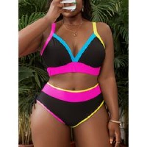 Contrast Color Plain Color Plus Size Women’S Bikini Swimsuit