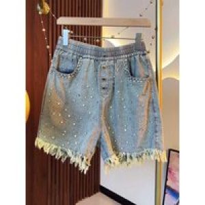 European Style Plus Size Women’s Denim Shorts Elastic Waist Diamond Encrusted All Match Pant Solid Color Vintage Straight Leg Pa