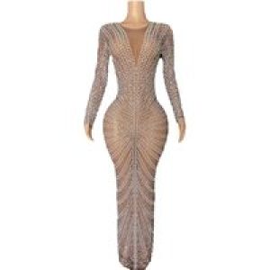 Character Evening Dress High Shiny Diamond Long Sleeve Women’s Long Dress Annual Meeting Fashion Dress Luxo Elegante Festa Longa