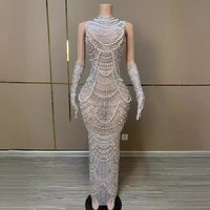 Pearl Rhinestones Fashion Sexy Slim Hip Wrap Skin Tone Stage Onesie Birthday Party Premium Dinner Vestidos De Graduaciones Mujer