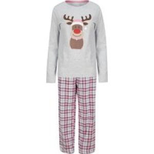Loungewear Women’s Rudolph Motif 2pc Lounge Pyjama Set in Ice Grey Marl / Pink White Check – Merry Christmas / L – Tokyo Laundry
