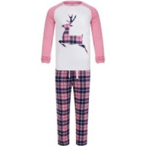Loungewear Girl’s Reindeer 2pc Lounge Set in Pink / Pink Navy Check – Merry Christmas Kids (4-12yrs) / 7-8 Years – Tokyo Laundry