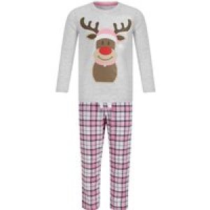 Loungewear Girl’s Rudolph Motif 2pc Lounge Pyjama Set in Ice Grey Marl / Pink White Check – Merry Christmas Kids (4-12yrs) / 4-5 Years – Tokyo Laundry