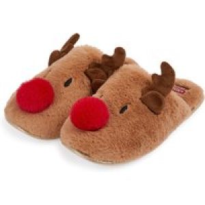 Slippers Women’s Rudy Red Nose 3D Rudolph Reindeer Faux-Fur Christmas Mule Slippers in Light Brown – Merry Christmas / 3-4 (36-37) – Tokyo Laundry