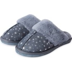 Slippers Gravity Foil Star Print Faux Suede Mule Slippers with Faux Fur Lining & Trim in Grey / 3-4 (36-37) – Tokyo Laundry