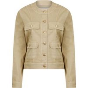 Coats / Jackets Morlich Women’s Stretch Cotton Collarless Denim Jacket in Taupe – Amara Reya / 12 – Tokyo Laundry