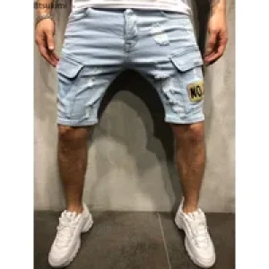 2025 Men’s Summer Short Jeans High Stretch Fashion Casual Denim Shorts Male Slim Fit Elastic Badge Pockets Hole Shorts for Men