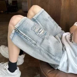 Short Jeans Pants for Men Wide Half Split Baggy Ripped Loose Bermuda with Pockets Long Man Denim Shorts Vintage Original Popular