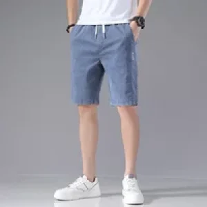 Summer Denim Shorts Men Soild Breathable Cotton Drawstring Gym Shorts Relaxed Fit Khaki Running Pants Male