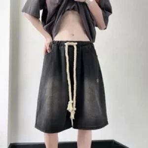 Wide Men’s Short Jeans Pants Male Denim Shorts Loose Drawstring Baggy Long Bermuda with Pockets Half Xxxl Jorts Emo Popular Cut