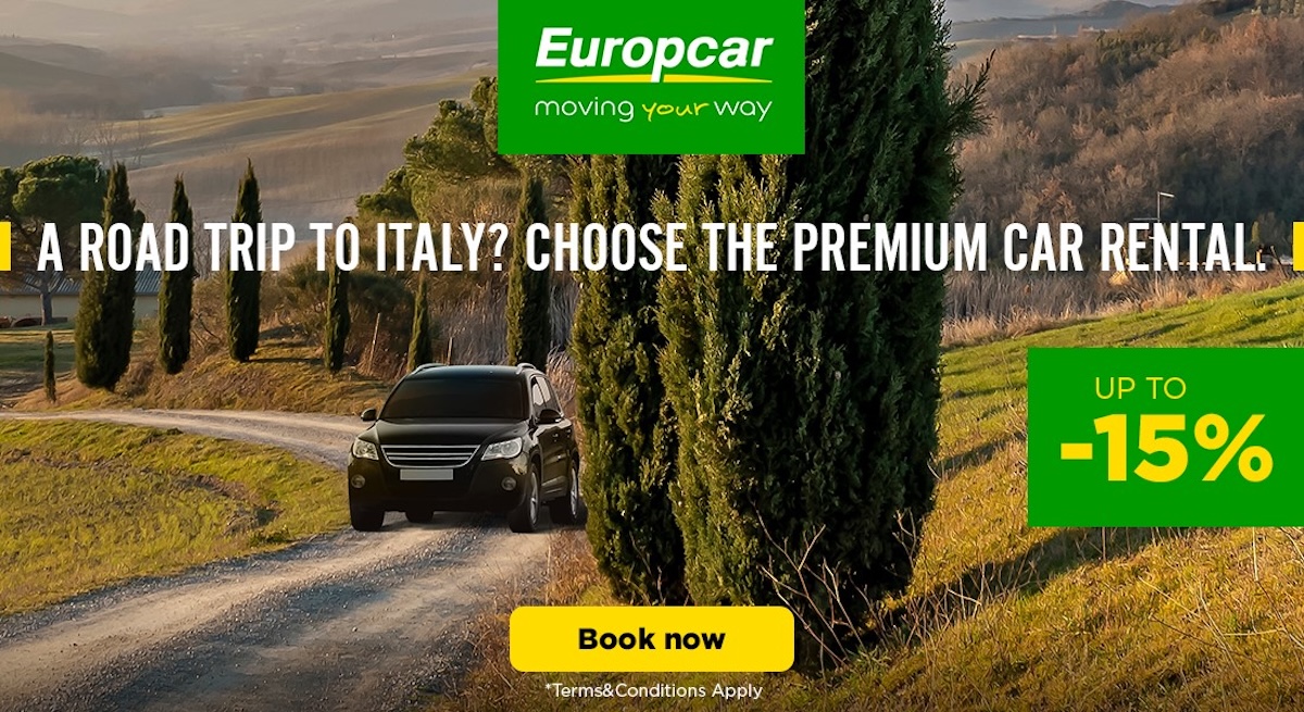 Europcar premium car rental in Italy with up to 15% discount for road trips.